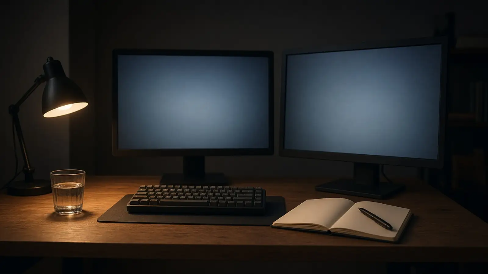 Escritorio de trabajo con dos monitores y un cuaderno, de noche