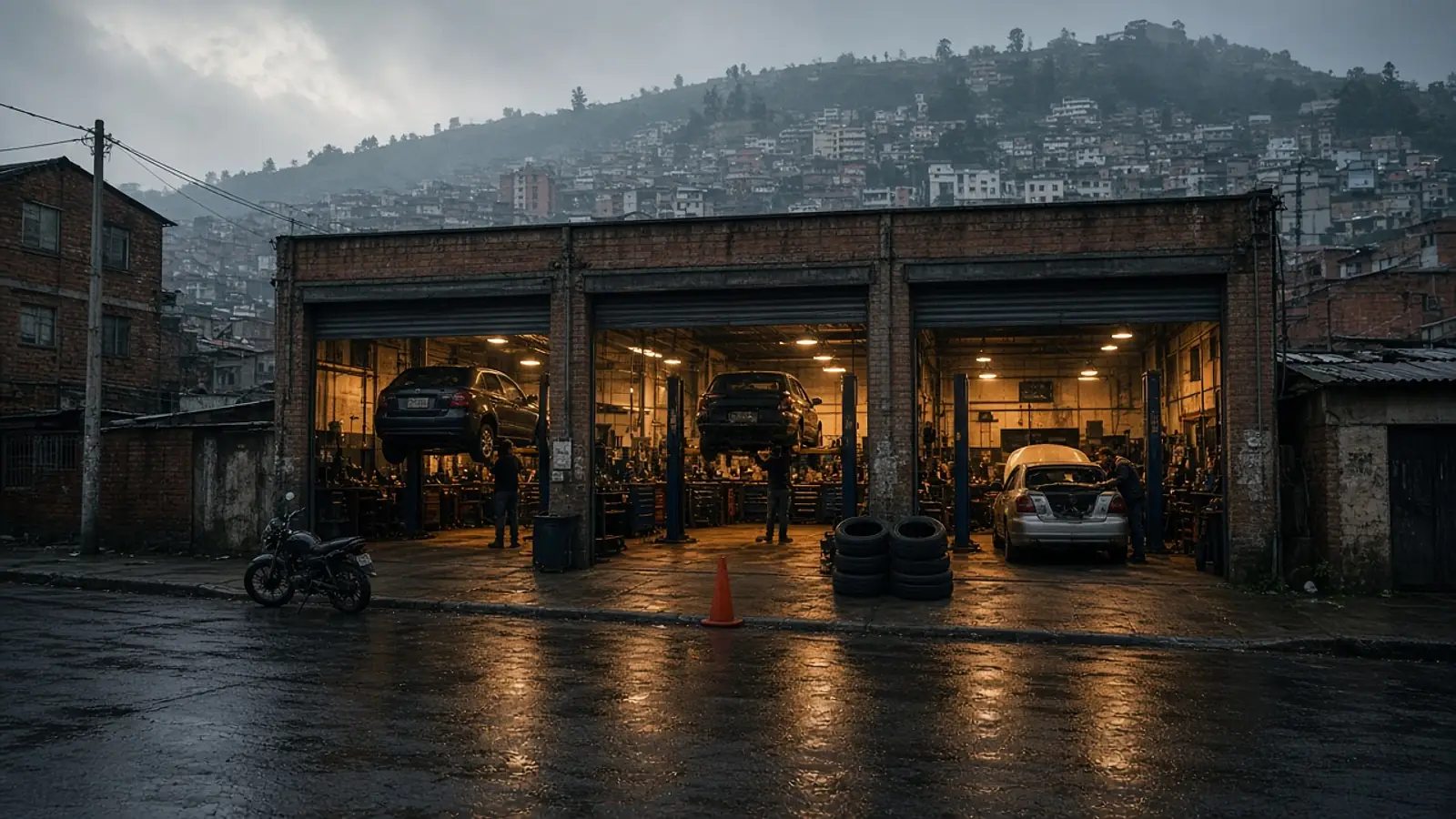 Taller mecánico de varias bahías en una calle de Bogotá al final de la tarde