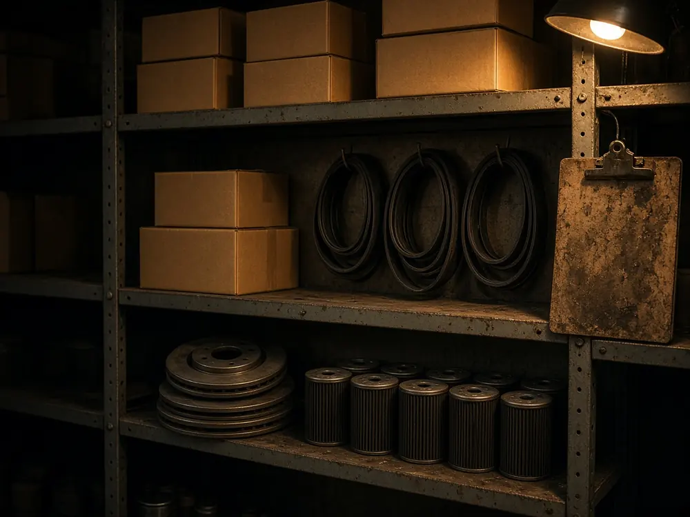 Estantería de repuestos y filtros en la bodega de un taller