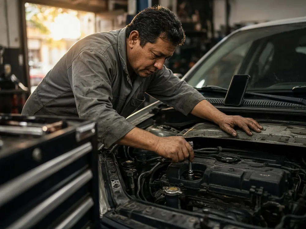 Mecánico trabajando sobre el motor con el teléfono apoyado en el vehículo