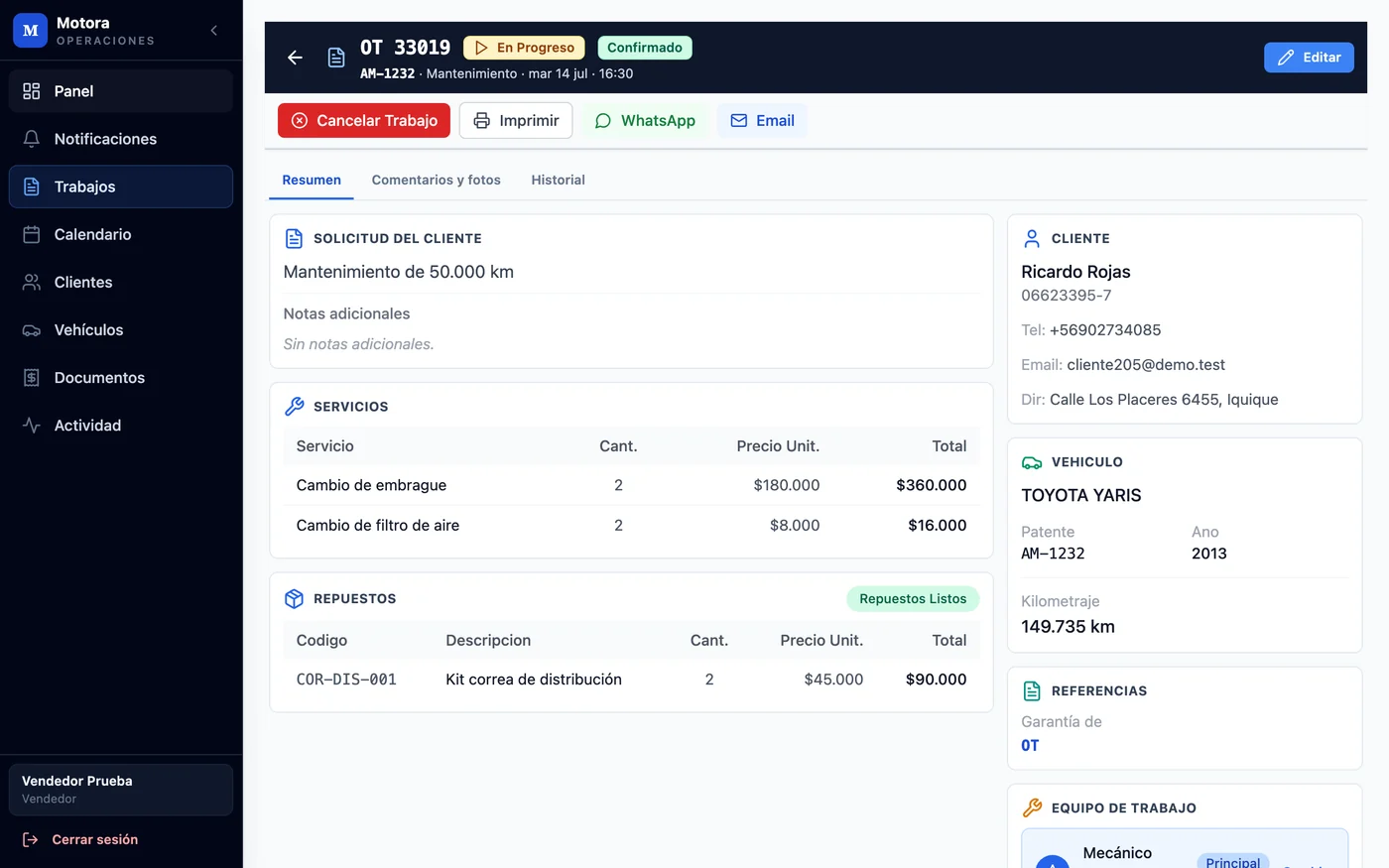 Detalle de una orden de trabajo de Motora con servicios, repuestos, cliente y vehículo